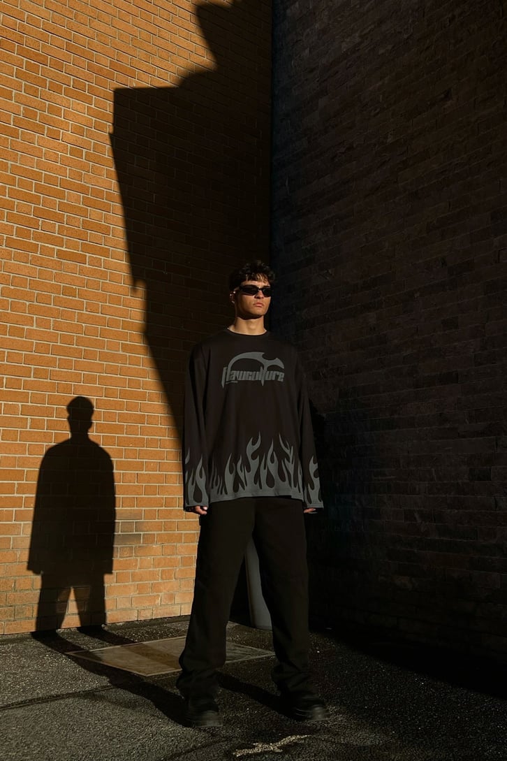Flaw Culture Flame Long Sleeve Siyah Tshirt