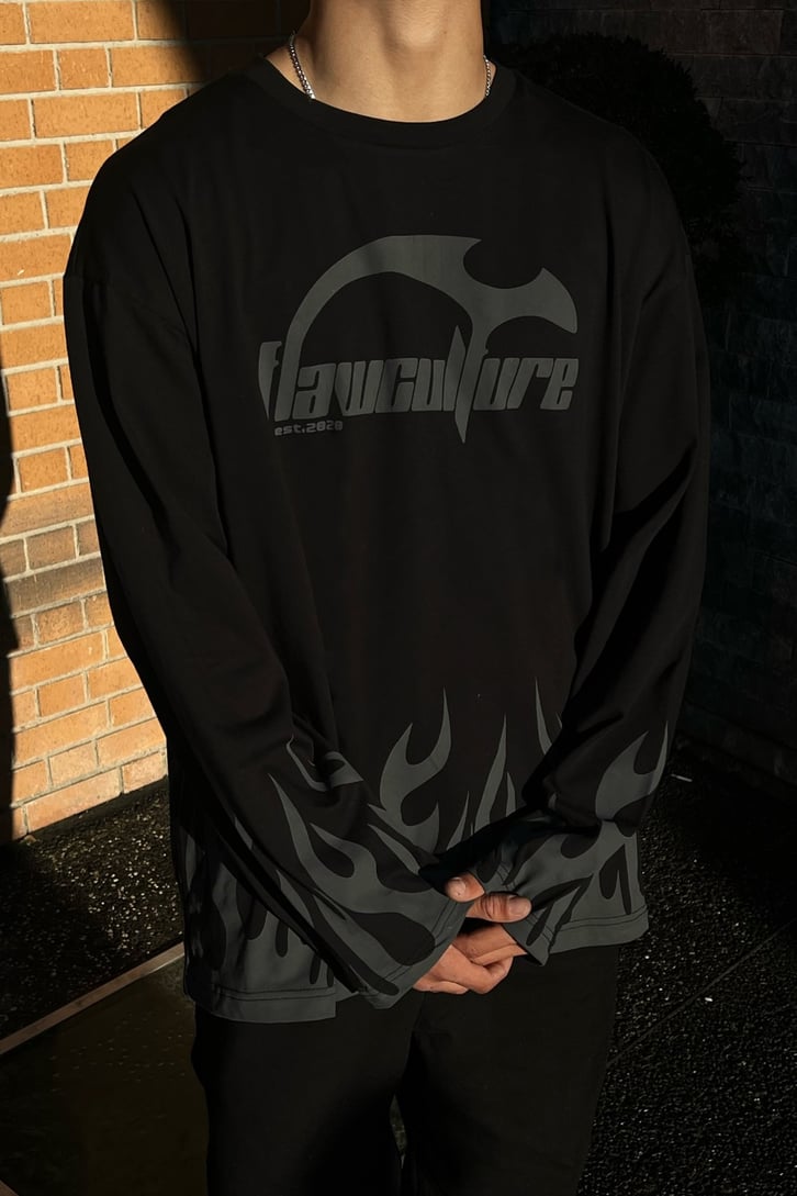 Flaw Culture Flame Long Sleeve Siyah Tshirt