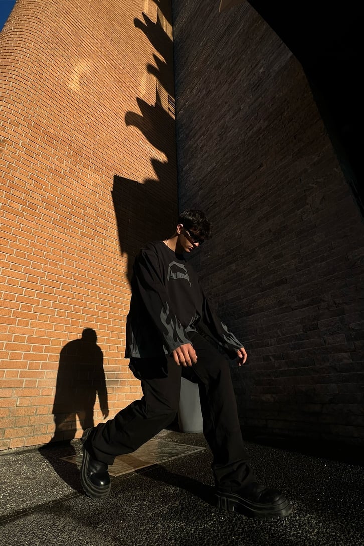Flaw Culture Flame Long Sleeve Siyah Tshirt