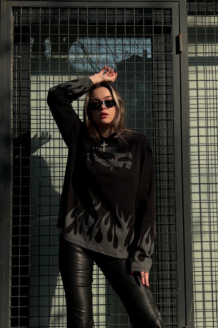 Flaw Culture Flame Long Sleeve Siyah Tshirt
