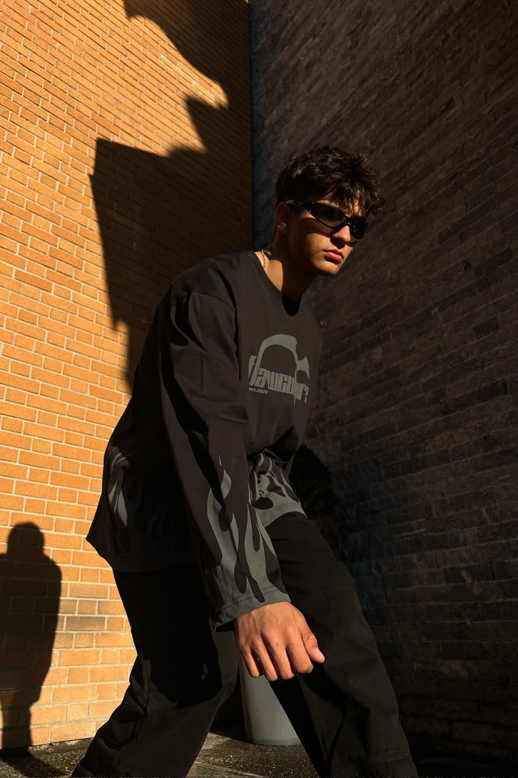 Flaw Culture Flame Long Sleeve Siyah Tshirt