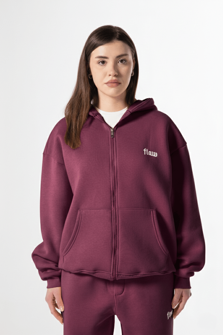 Flaw Nakışlı Bordo Zip Hoodie