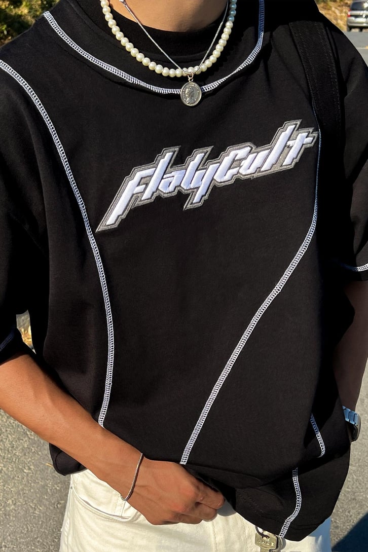 FlawCult Nakışlı Flatlock Oversize Tişört
