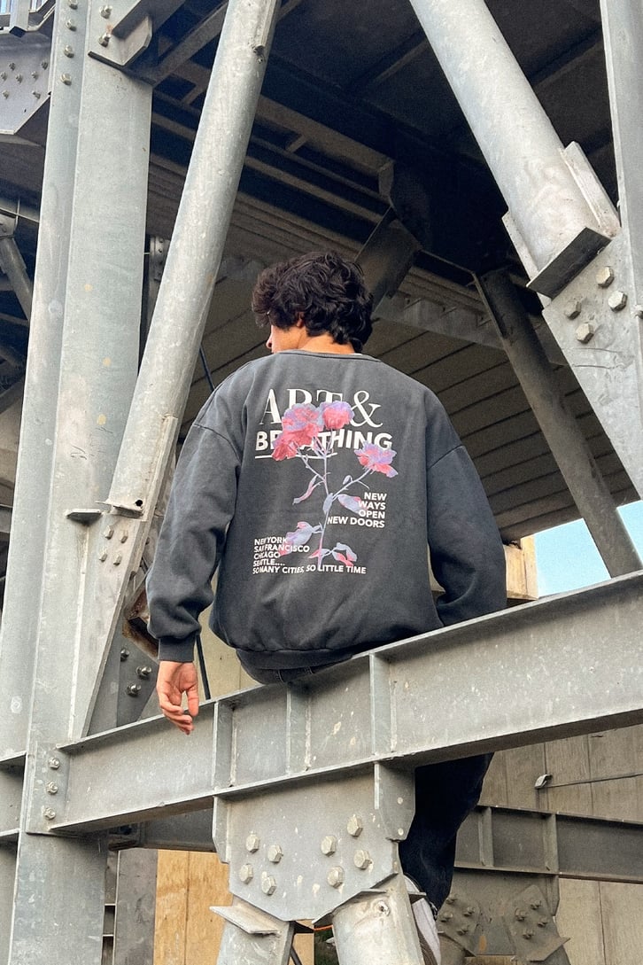 Flower Art Sırt Baskılı Antrasit Oversize Sweatshirt
