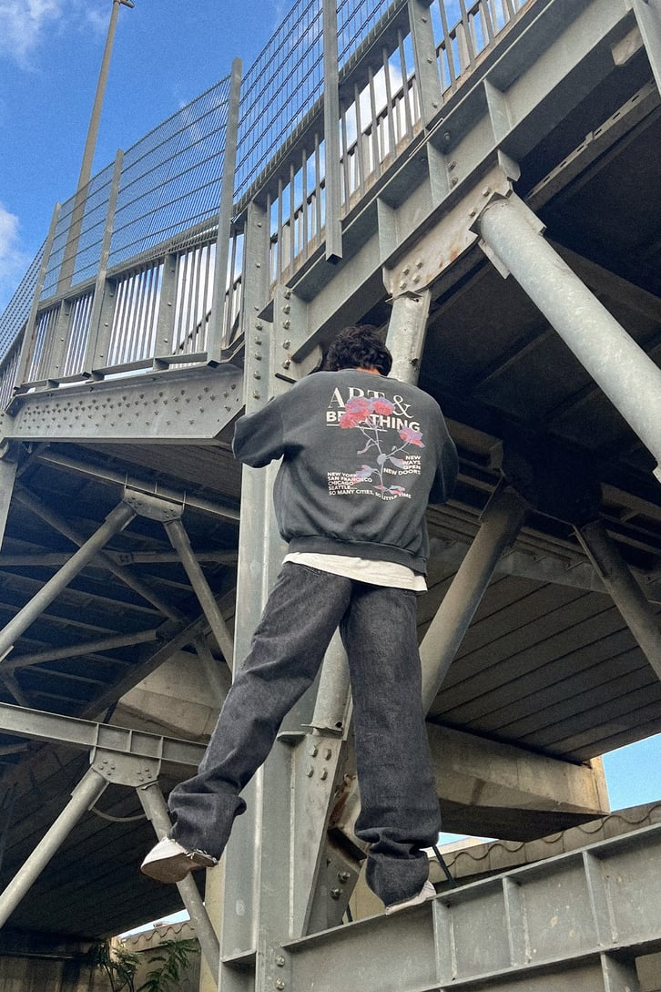Flower Art Sırt Baskılı Antrasit Oversize Sweatshirt