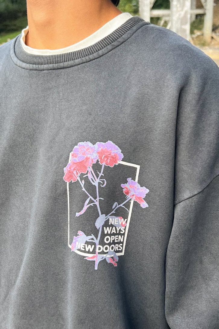 Flower Art Sırt Baskılı Antrasit Oversize Sweatshirt