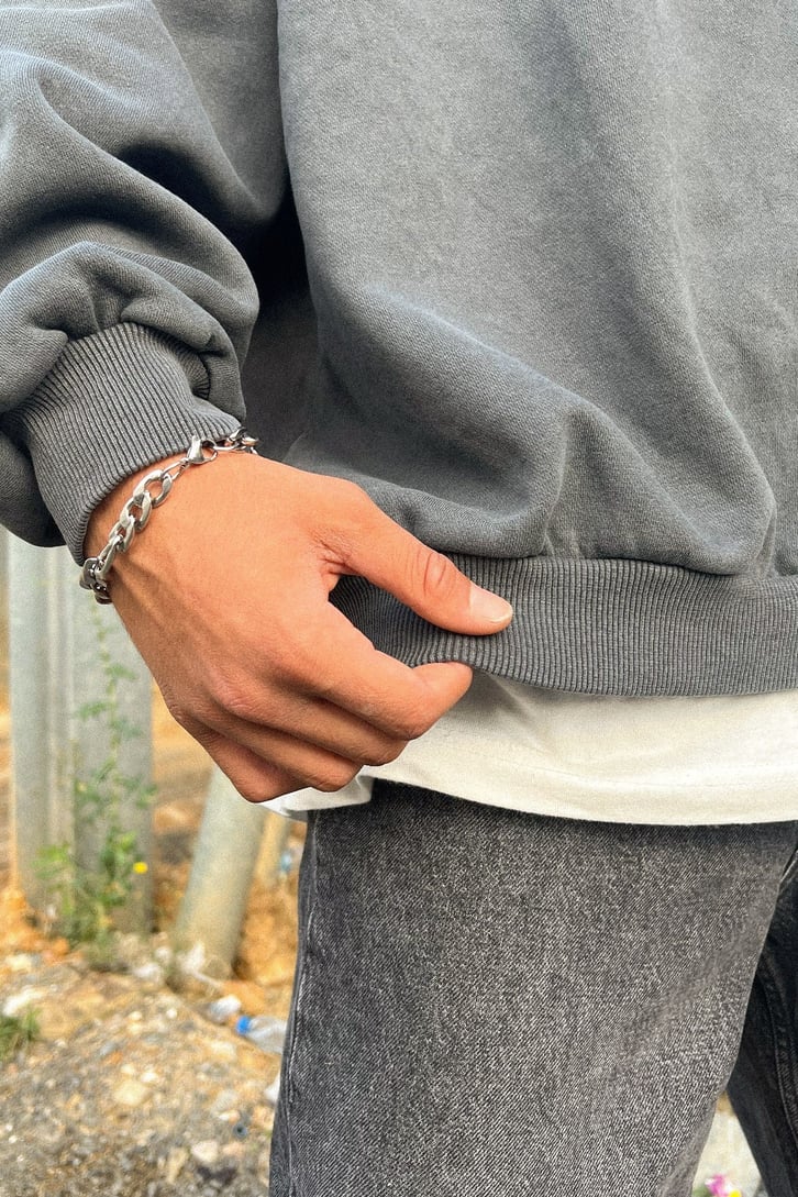 Flower Art Sırt Baskılı Antrasit Oversize Sweatshirt