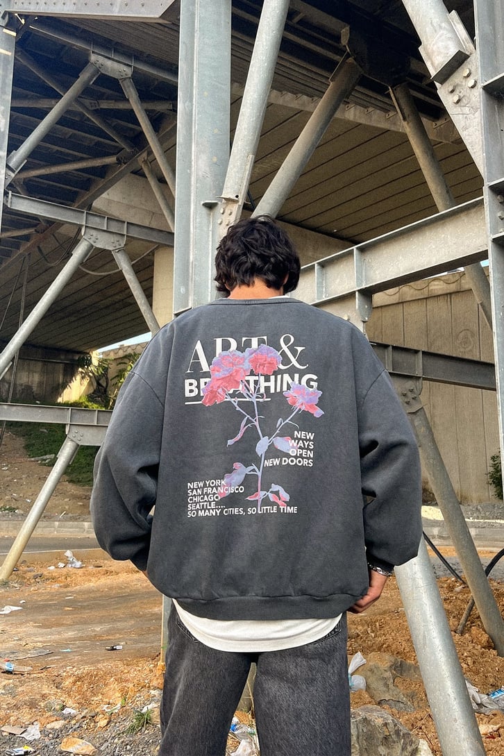 Flower Art Sırt Baskılı Antrasit Oversize Sweatshirt
