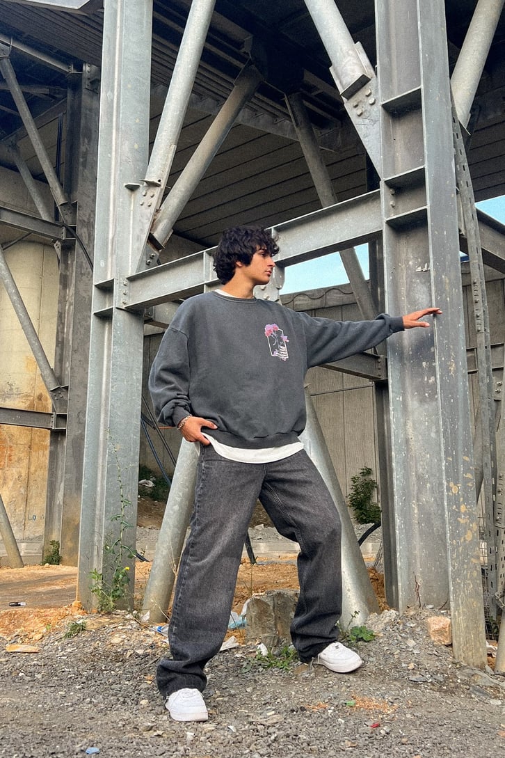 Flower Art Sırt Baskılı Antrasit Oversize Sweatshirt
