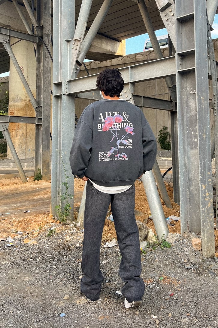 Flower Art Sırt Baskılı Antrasit Oversize Sweatshirt