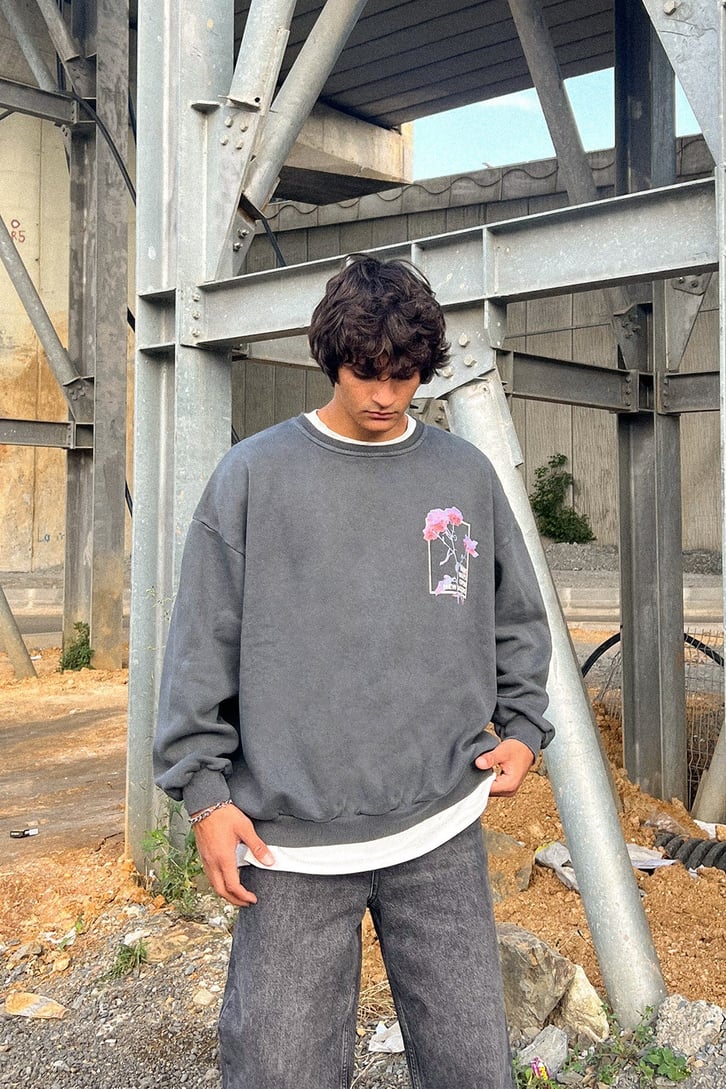 Flower Art Sırt Baskılı Antrasit Oversize Sweatshirt