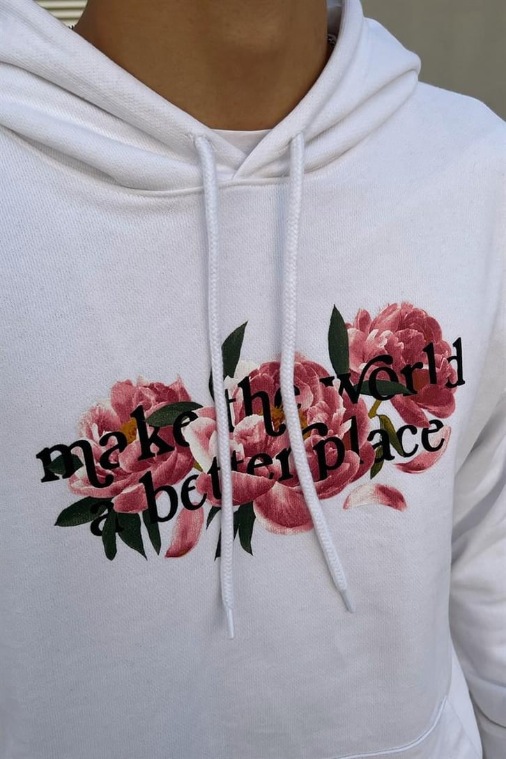 Flower Baskılı Beyaz İçi Pamuklu Oversize Hoodie
