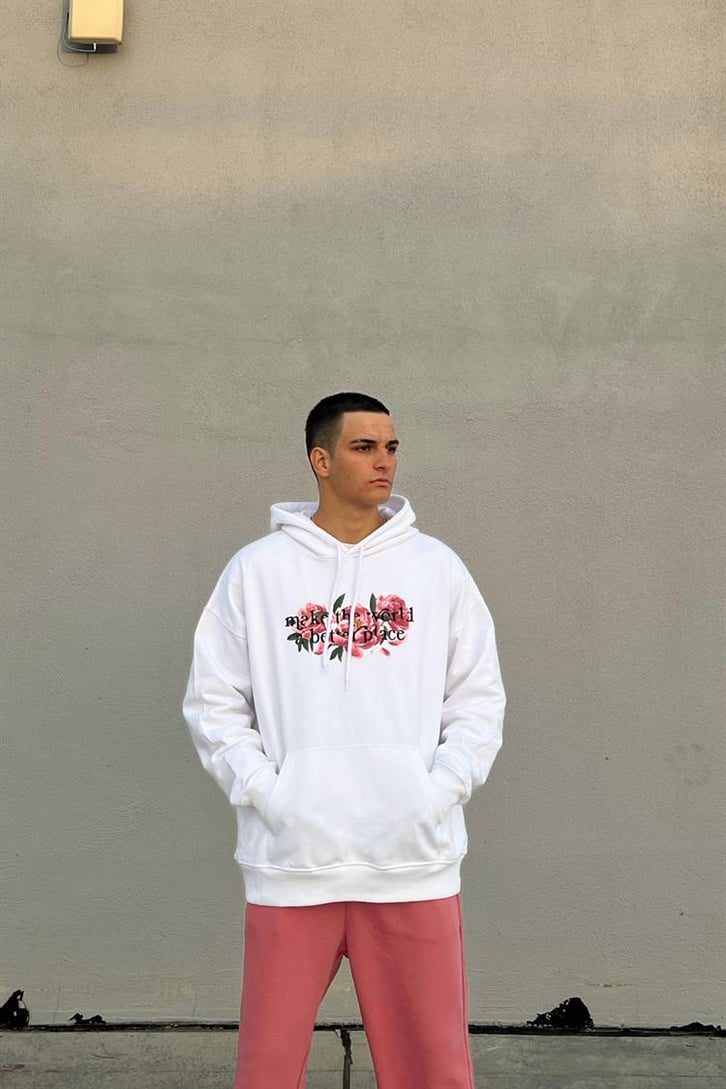 Flower Baskılı Beyaz İçi Pamuklu Oversize Hoodie