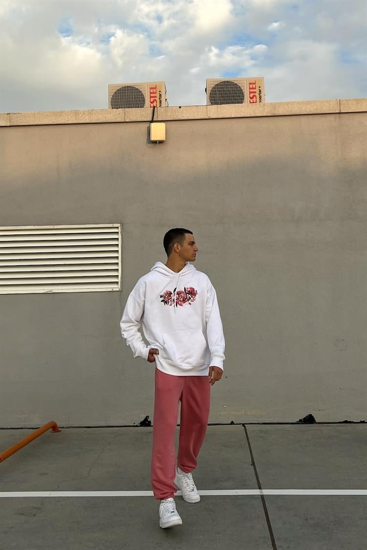 Flower Baskılı Beyaz İçi Pamuklu Oversize Hoodie