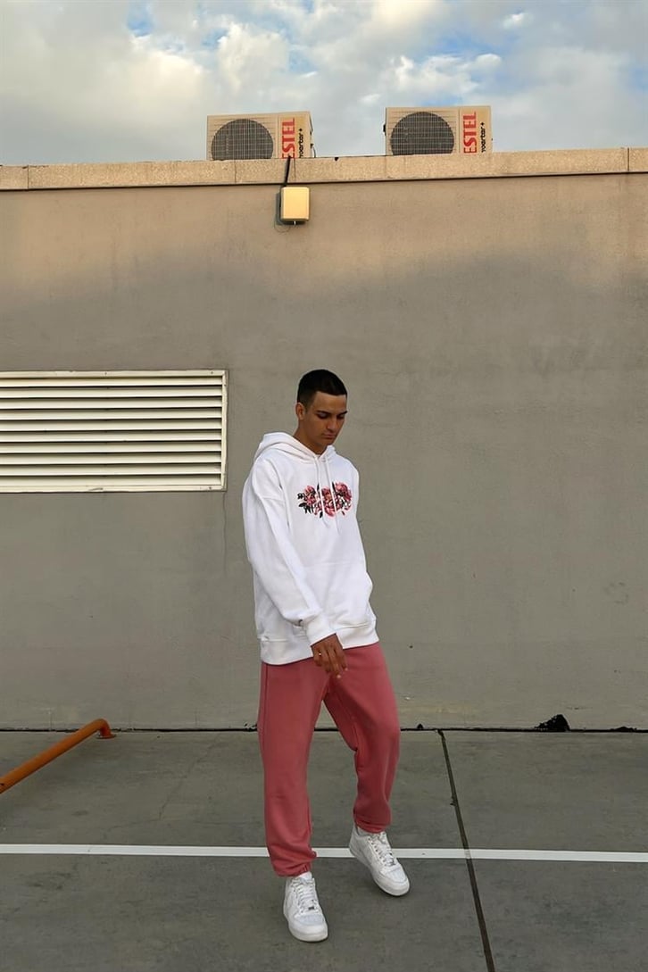 Flower Baskılı Beyaz İçi Pamuklu Oversize Hoodie