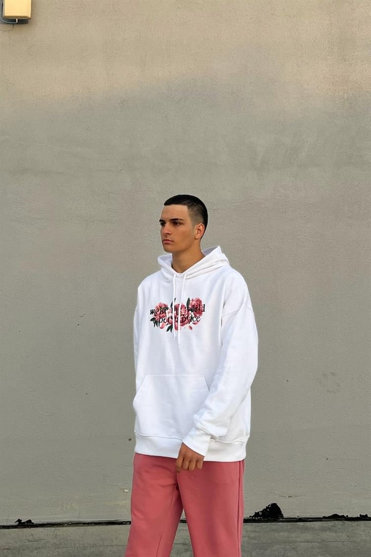 Flower Baskılı Beyaz İçi Pamuklu Oversize Hoodie