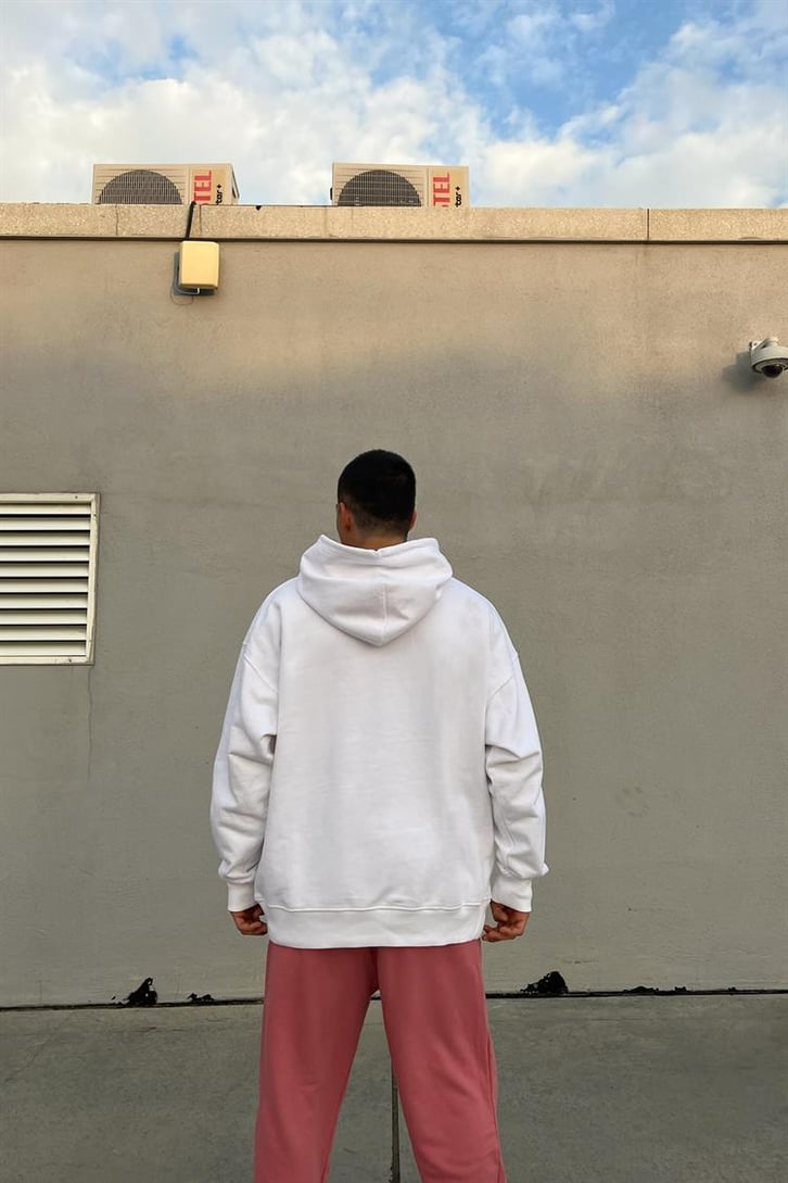 Flower Baskılı Beyaz İçi Pamuklu Oversize Hoodie