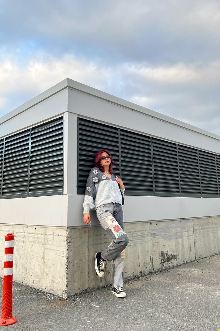 Flower Patch Detay Parçalı Acid Wash Baggy Jean