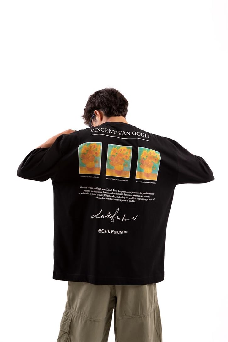 Flower Printed Siyah Oversize Tshirt