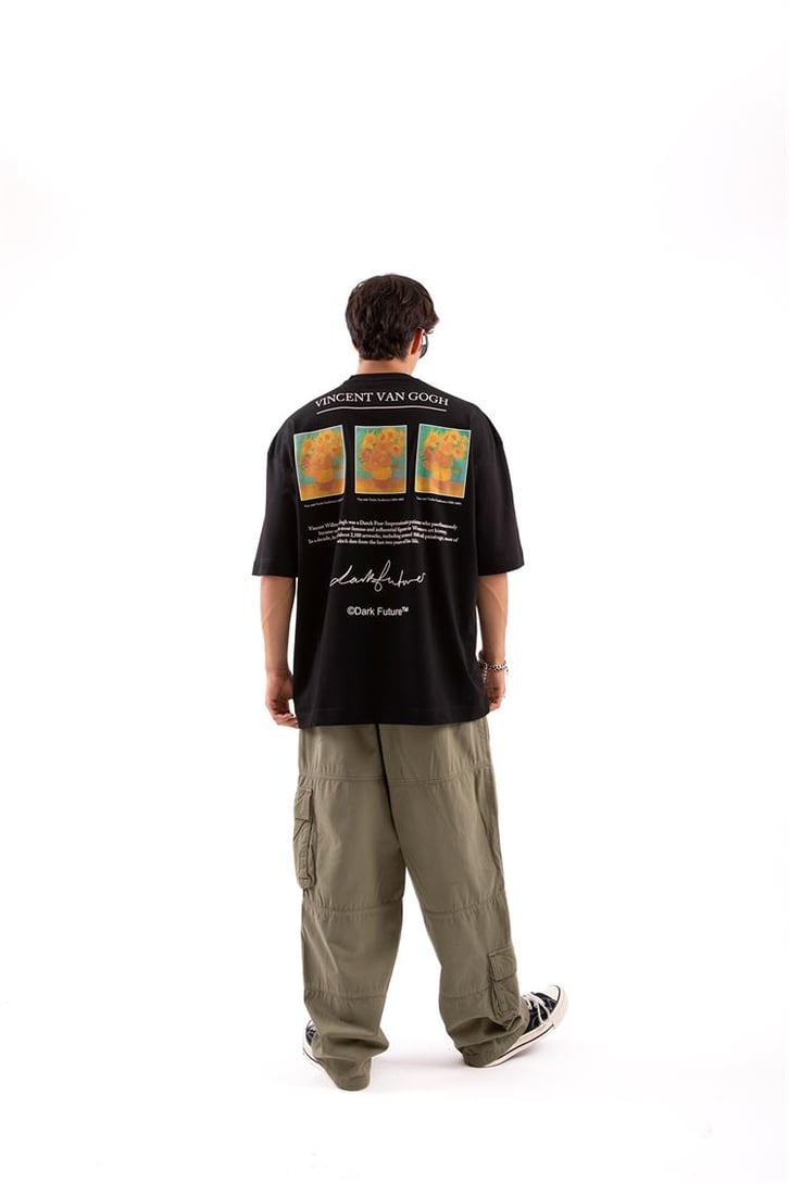 Flower Printed Siyah Oversize Tshirt