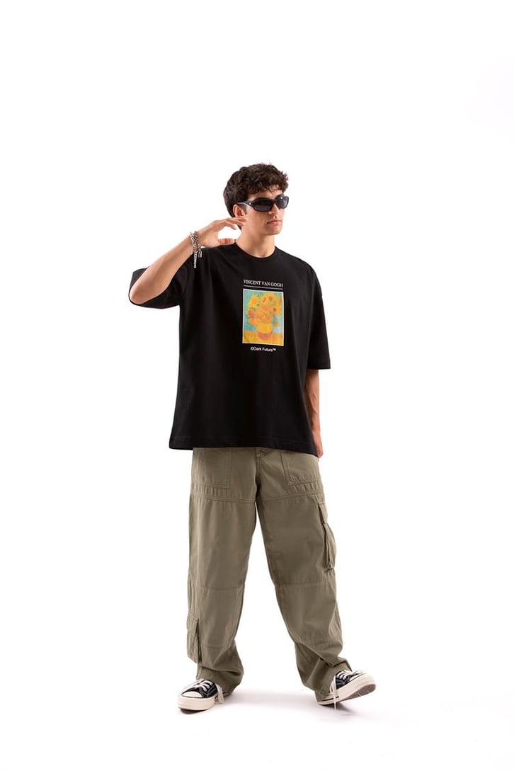 Flower Printed Siyah Oversize Tshirt