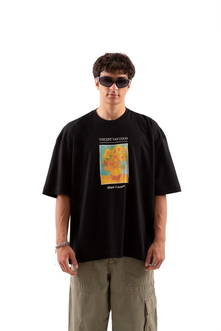 Flower Printed Siyah Oversize Tshirt