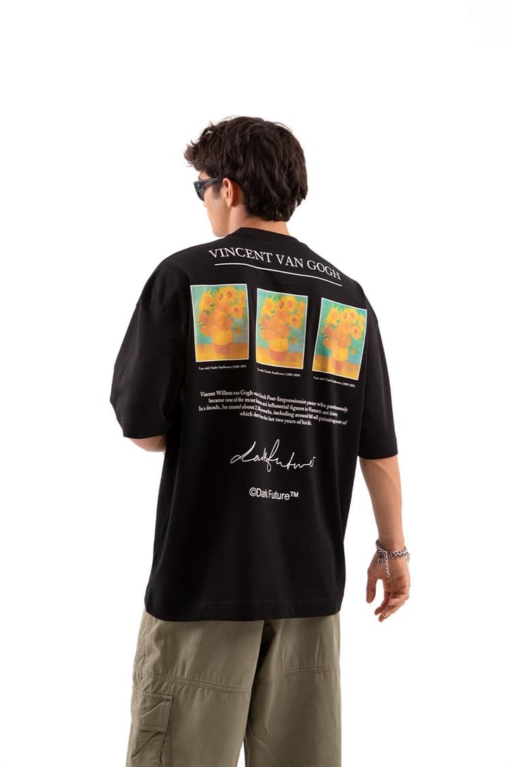 Flower Printed Siyah Oversize Tshirt