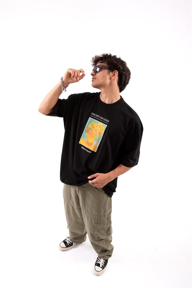 Flower Printed Siyah Oversize Tshirt