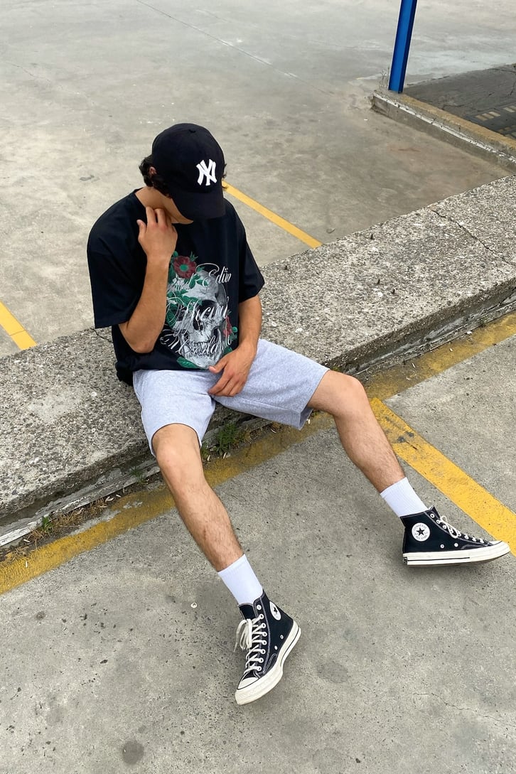 Flower Skull Baskılı Siyah Oversize Tshirt