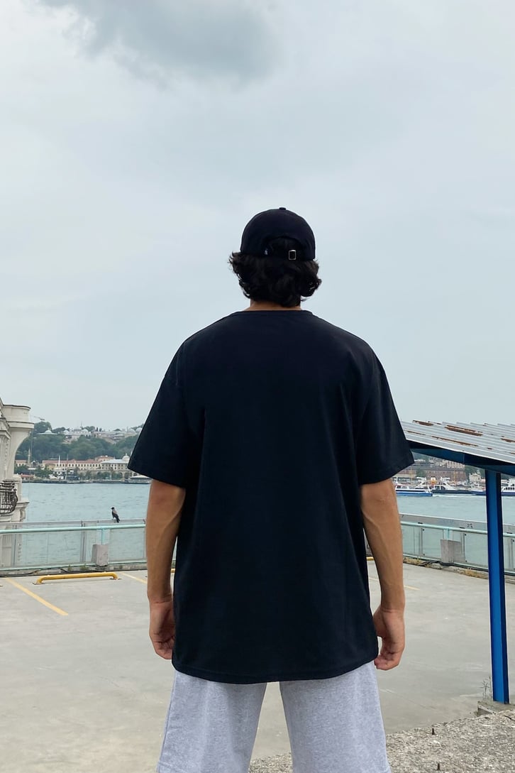 Flower Skull Baskılı Siyah Oversize Tshirt