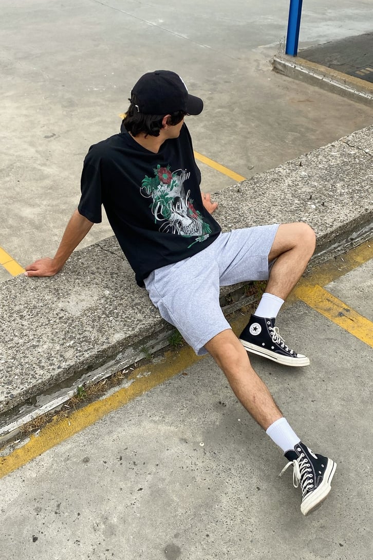 Flower Skull Baskılı Siyah Oversize Tshirt
