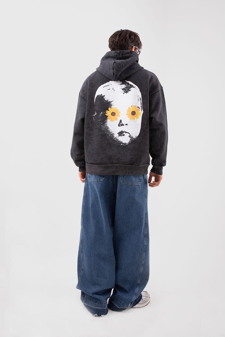 Flowers Baby Baskılı Oversize Acid Wash Hoodie