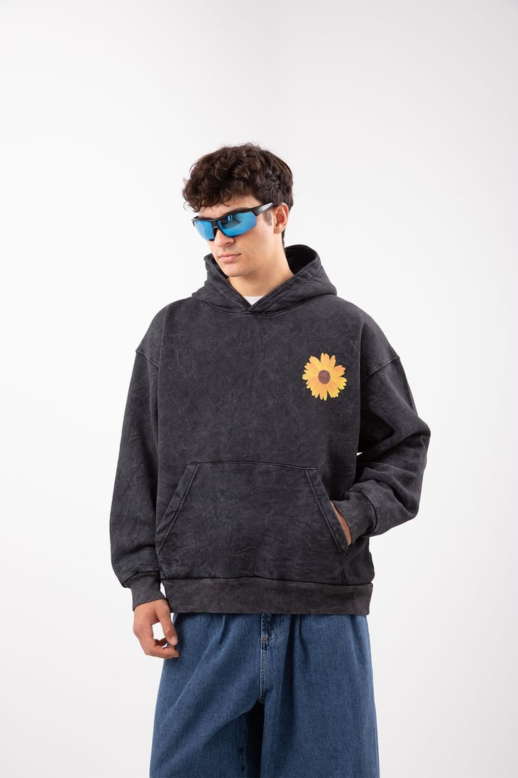 Flowers Baby Baskılı Oversize Acid Wash Hoodie