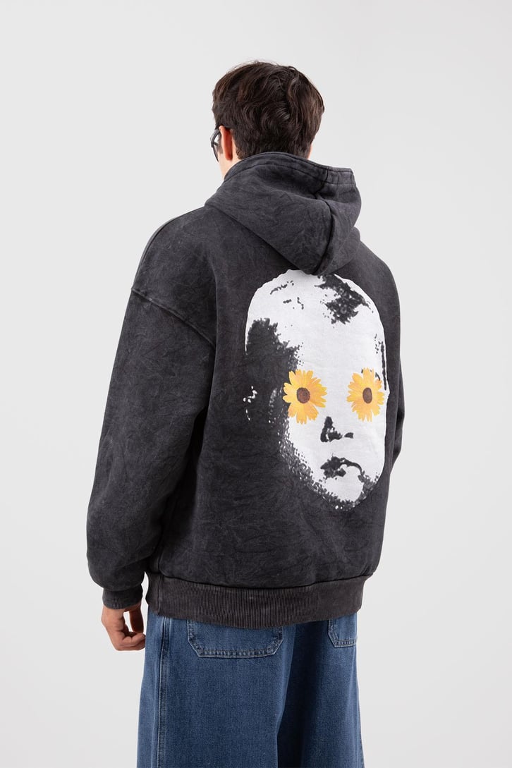 Flowers Baby Baskılı Oversize Acid Wash Hoodie