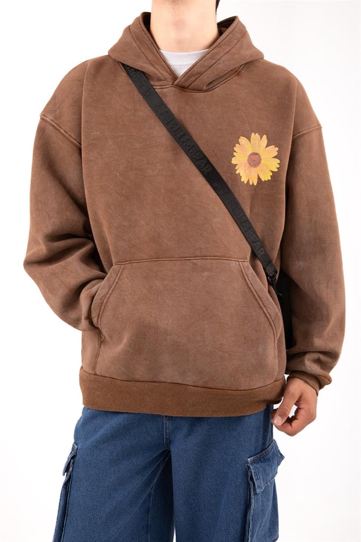 Flowers Baby Baskılı Oversize Kahverengi Hoodie