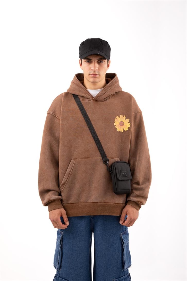 Flowers Baby Baskılı Oversize Kahverengi Hoodie
