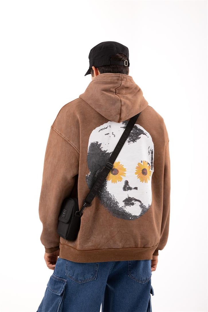 Flowers Baby Baskılı Oversize Kahverengi Hoodie