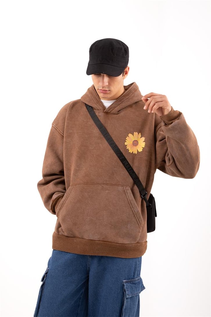 Flowers Baby Baskılı Oversize Kahverengi Hoodie