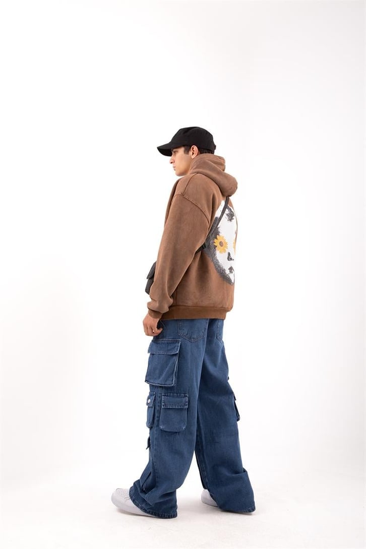Flowers Baby Baskılı Oversize Kahverengi Hoodie