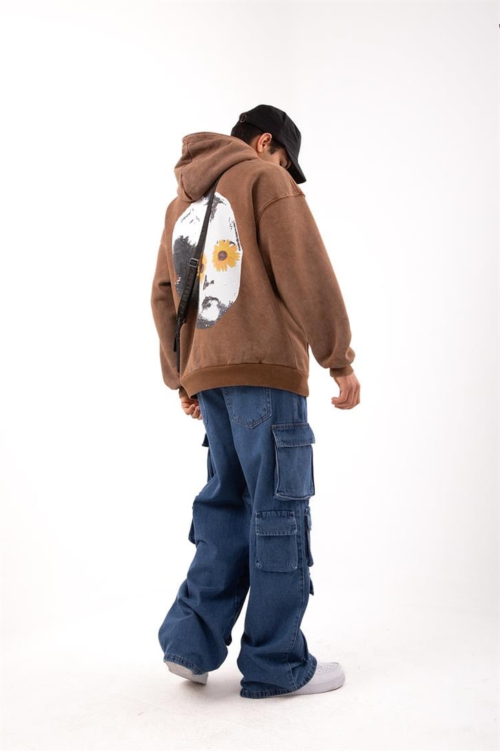 Flowers Baby Baskılı Oversize Kahverengi Hoodie