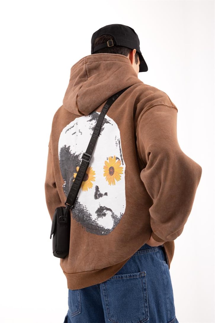 Flowers Baby Baskılı Oversize Kahverengi Hoodie