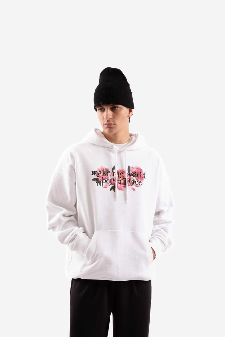Flowers Baskılı Beyaz Oversize Hoodie