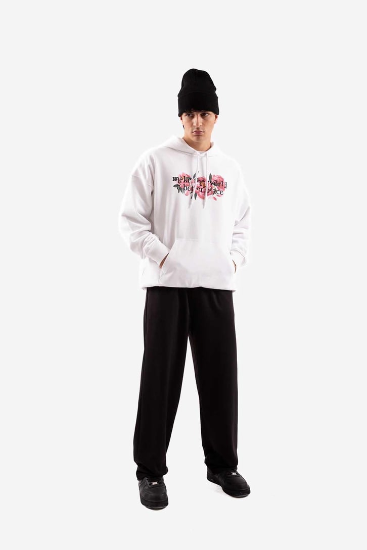 Flowers Baskılı Beyaz Oversize Hoodie