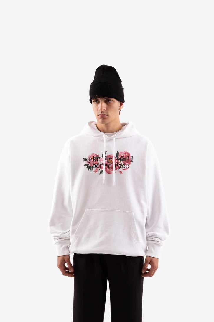 Flowers Baskılı Beyaz Oversize Hoodie