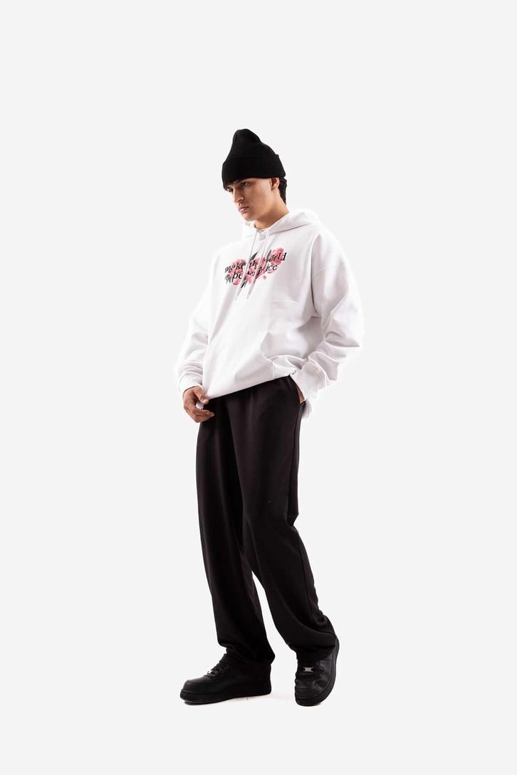Flowers Baskılı Beyaz Oversize Hoodie