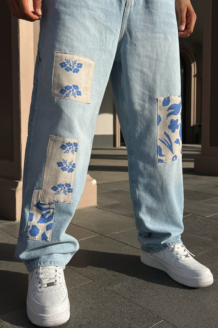 Flowers Patch Detay Buz Mavi Baggy Jean