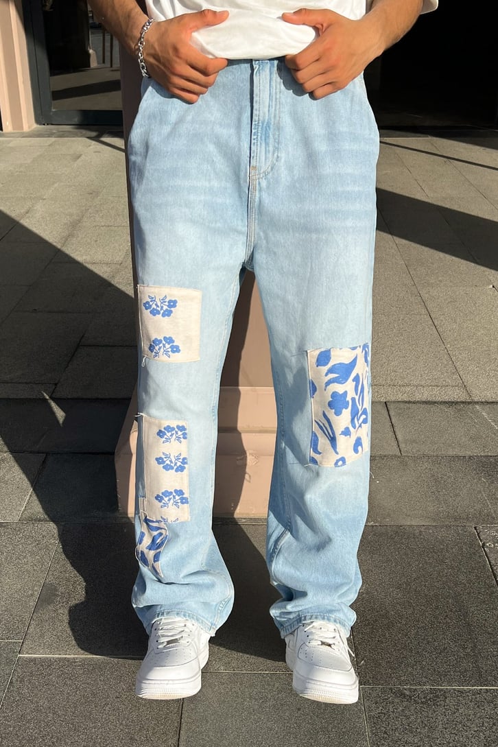 Flowers Patch Detay Buz Mavi Baggy Jean