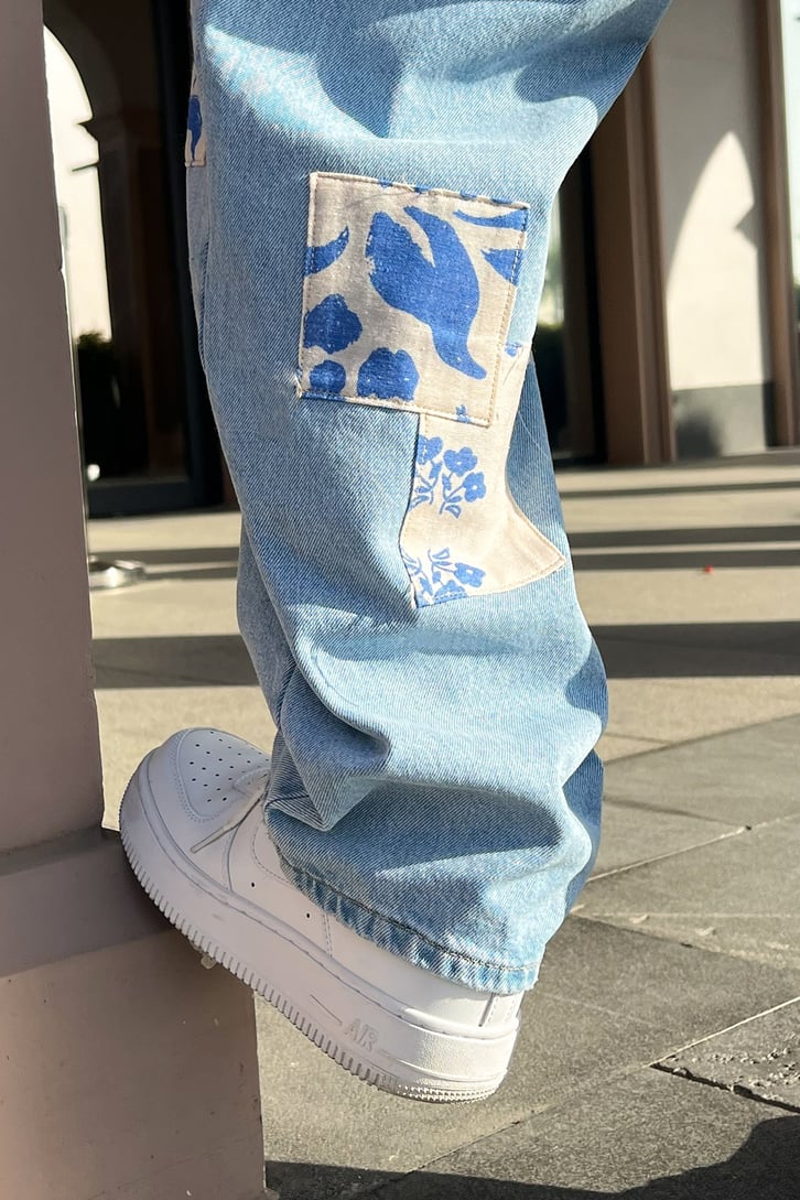 Flowers Patch Detay Buz Mavi Baggy Jean