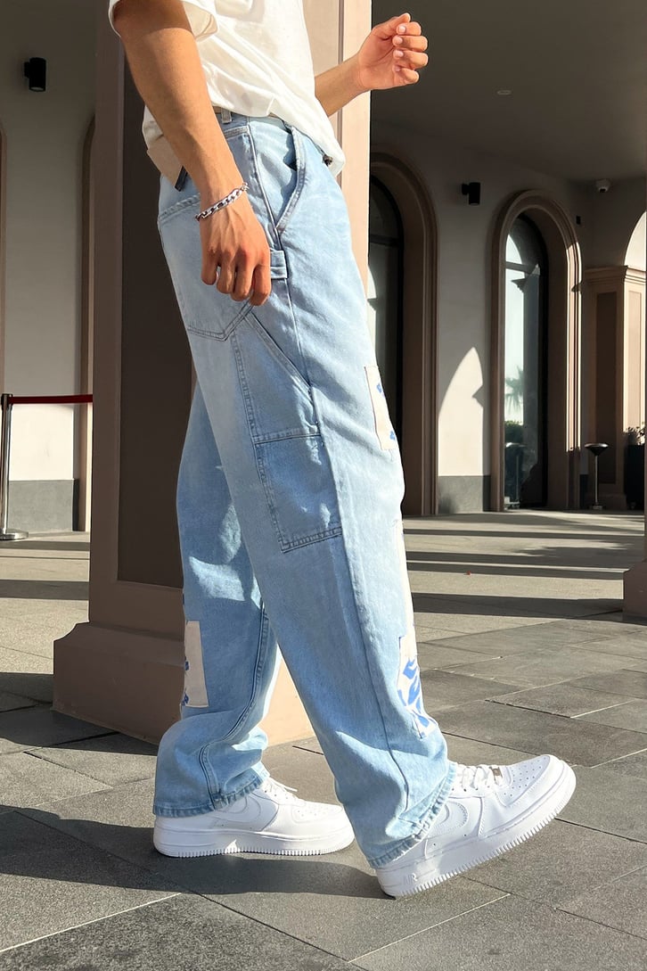 Flowers Patch Detay Buz Mavi Baggy Jean