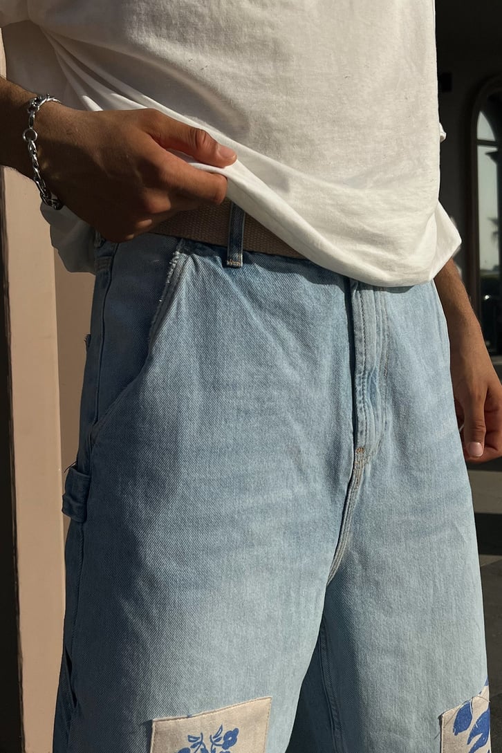 Flowers Patch Detay Buz Mavi Baggy Jean